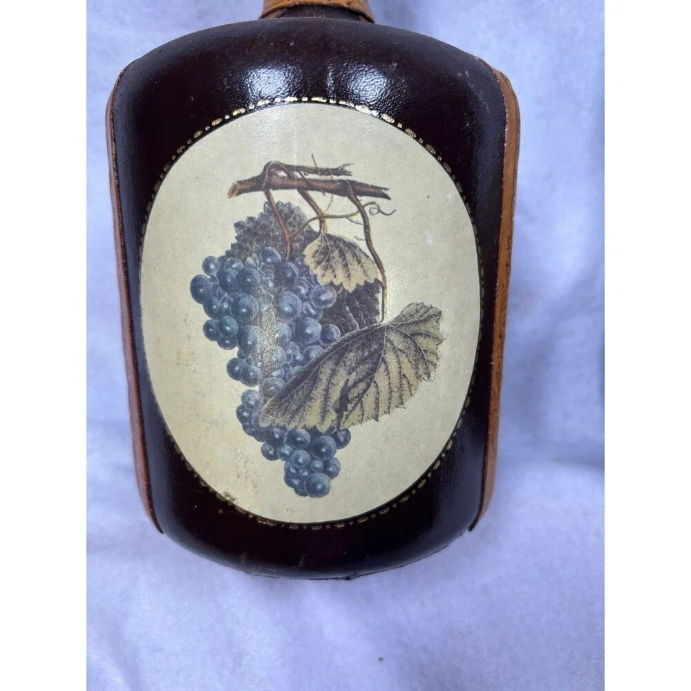 Two Vintage Italian brown Leather Covered Wine Bottle Bar Decanter Made In Italy